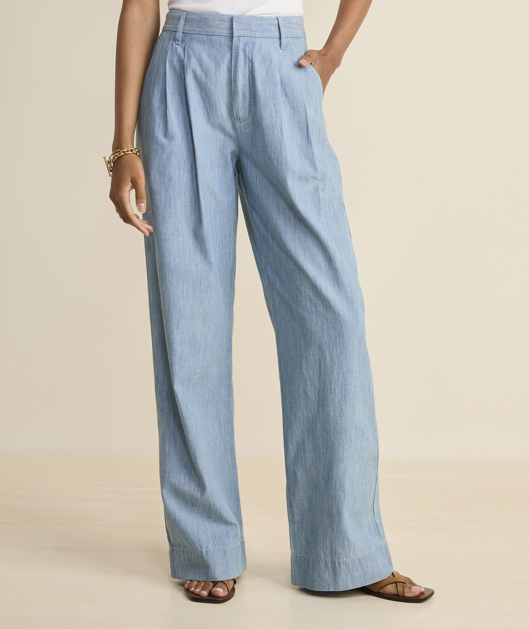 Chambray Pleated Wide Leg Trouser