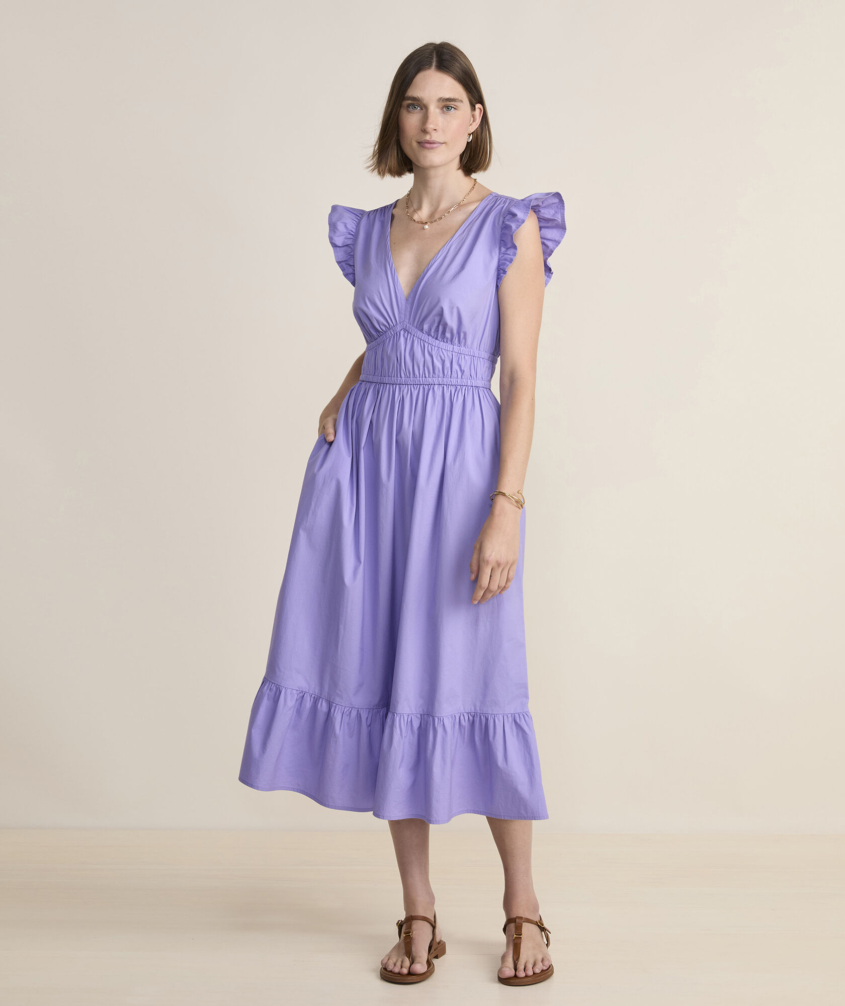 Marina Poplin Flutter-Sleeve Midi Dress