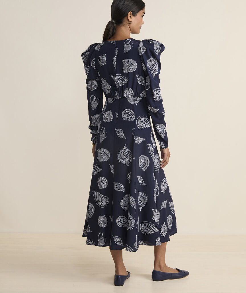 Puff-Sleeve Keyhole Midi Dress