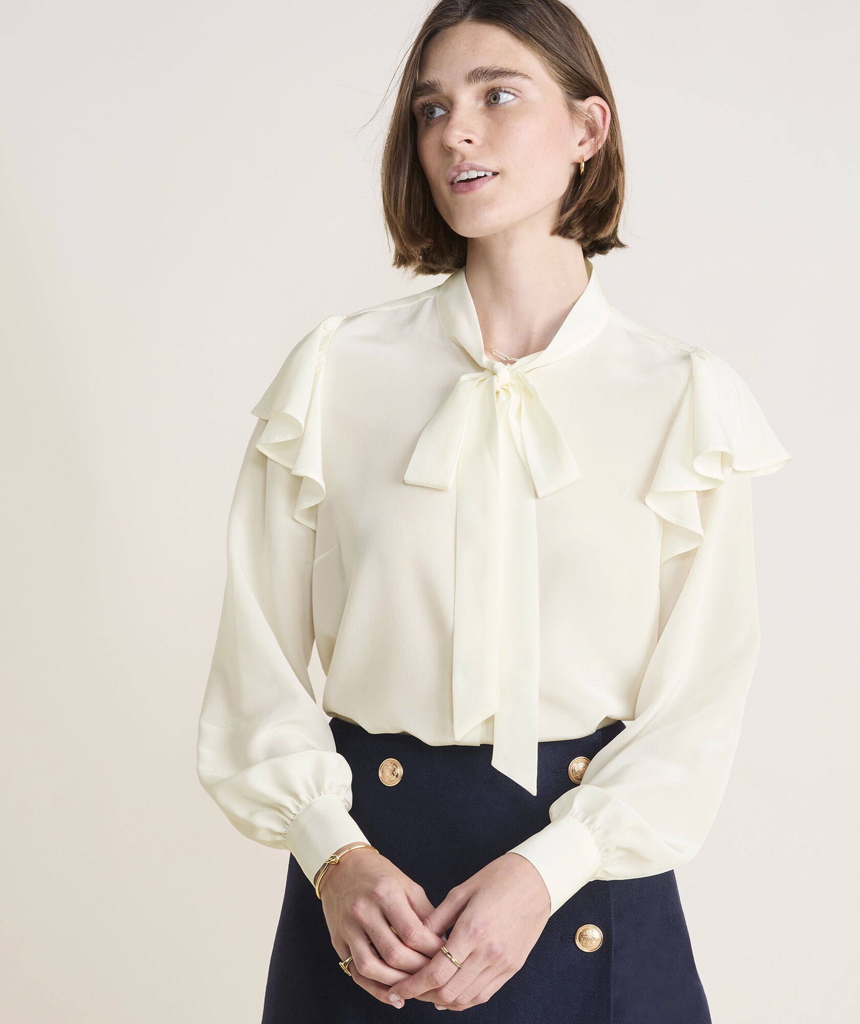 Ruffle-Sleeve Tie-Neck Blouse