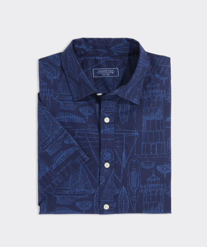 Cotton Madras Short-Sleeve Marina Blueprint Shirt