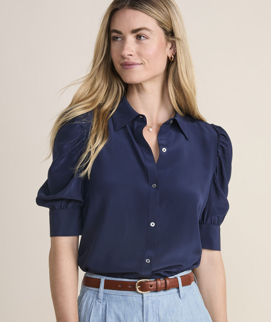 Puff-Sleeve Button-Front Blouse