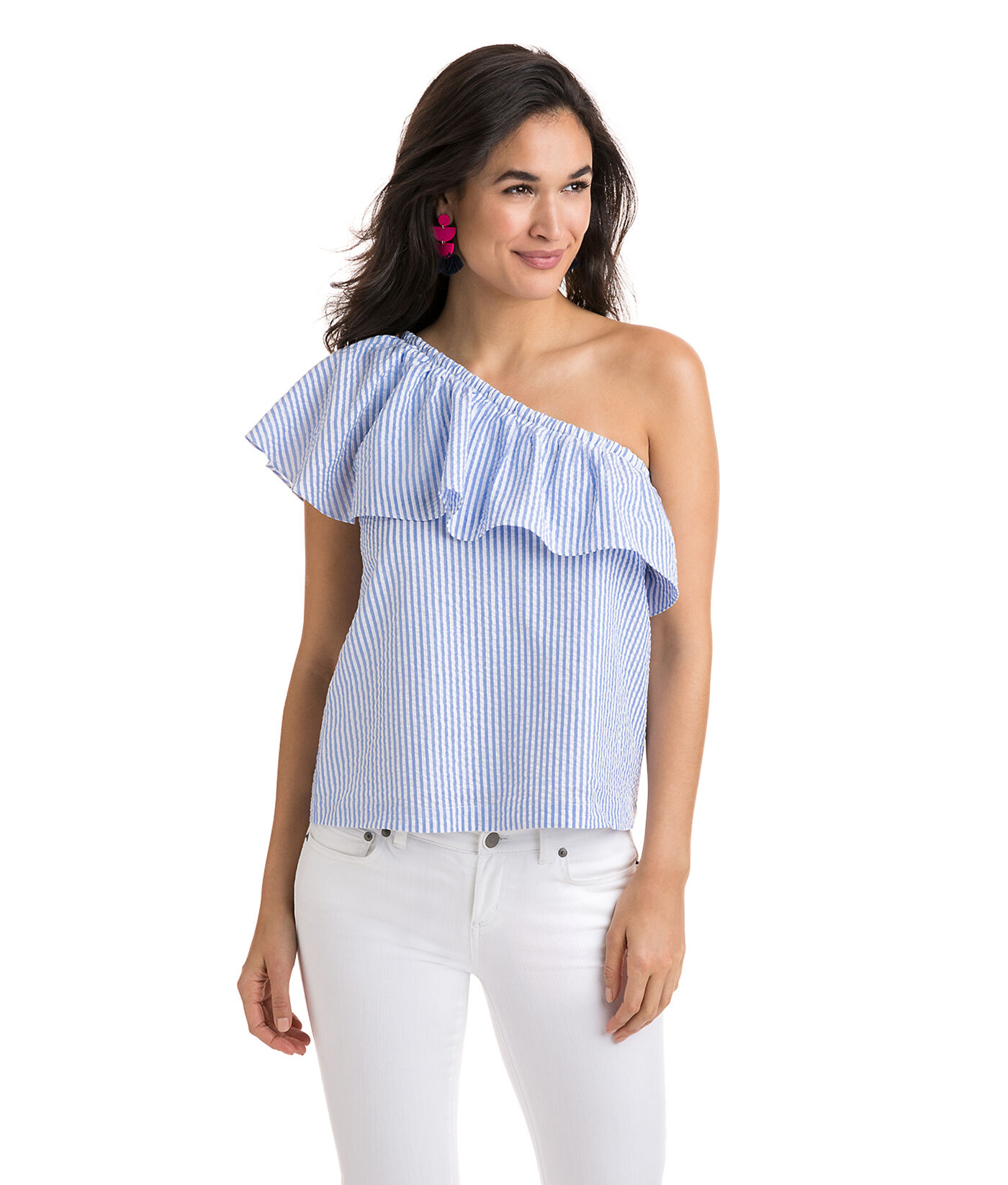 white frill one shoulder top
