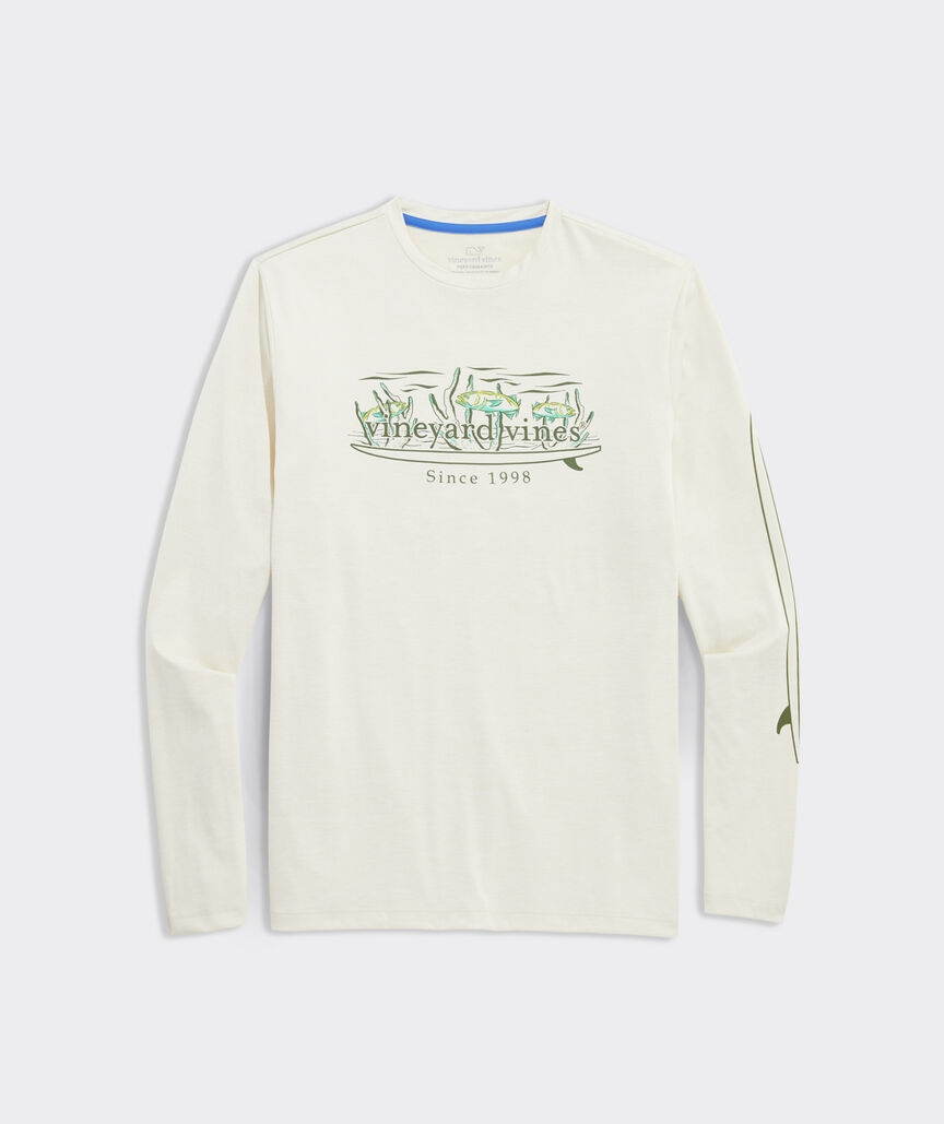 Vineyard Vines Coral and Fish Surf Logo Long-Sleeve Harbor Performance Tee (White Cap Grey Hthr) (Size: L)