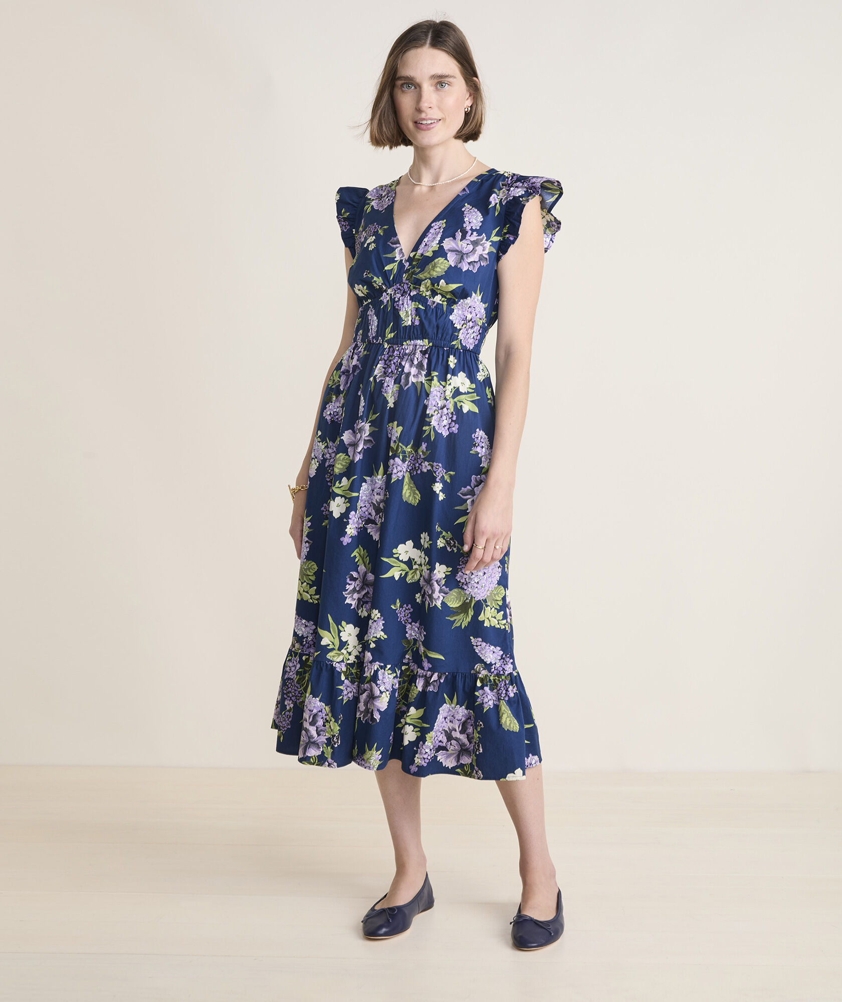 Marina Poplin Flutter-Sleeve Midi Dress