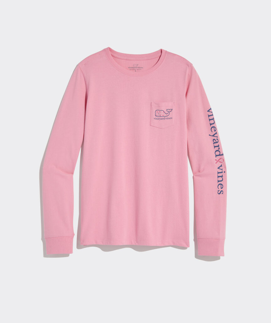 Breast Cancer Awareness Ribbon Whale Long-Sleeve Pocket Tee