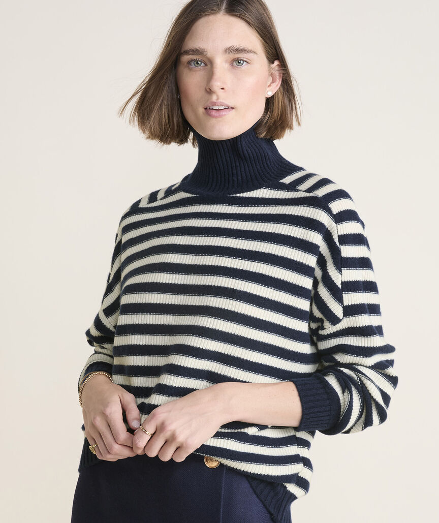 Cashmere Relaxed Texture Stripe Turtle Neck Sweater