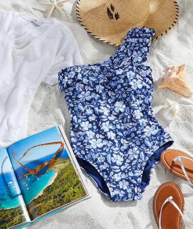 Shop Hibiscus Floral Ruffle One-Shoulder One-Piece at vineyard vines