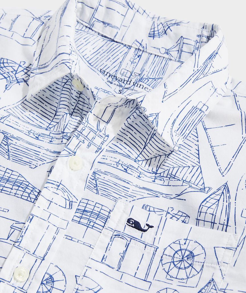 Boys' Cotton Short-Sleeve Marina Blueprint Shirt