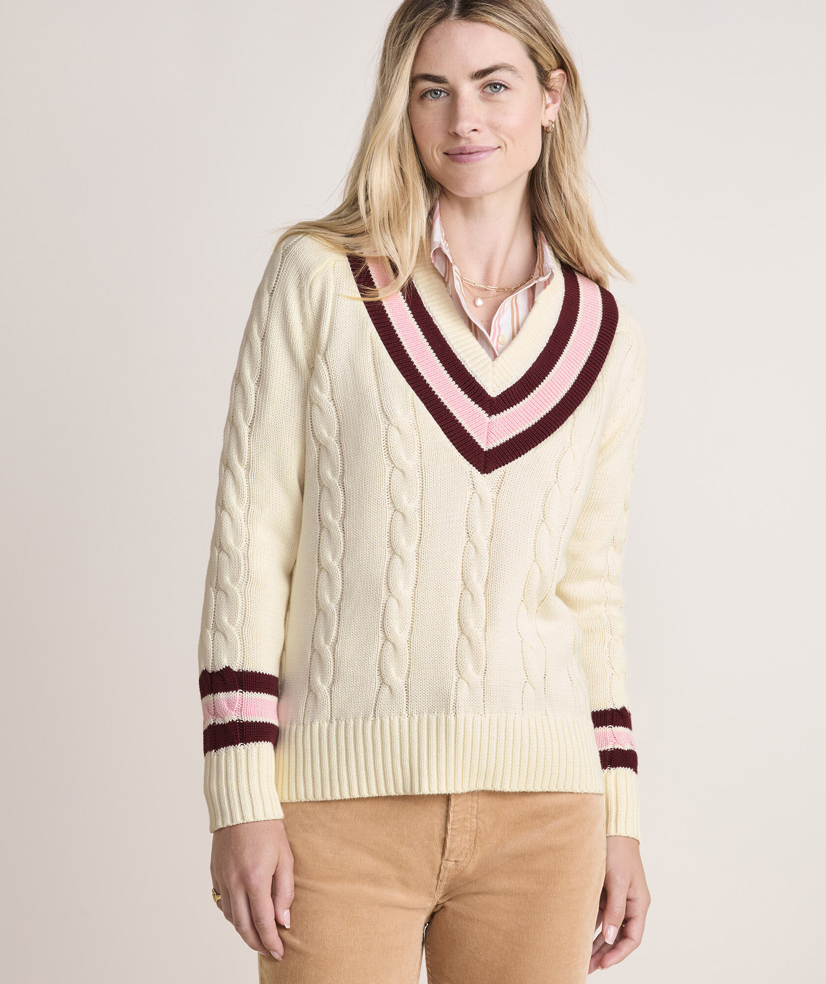 Varsity Cable V-Neck Sweater