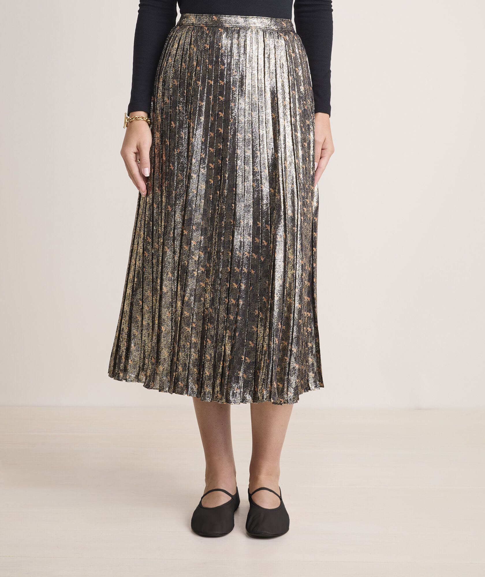 Metallic Pleated Midi Skirt