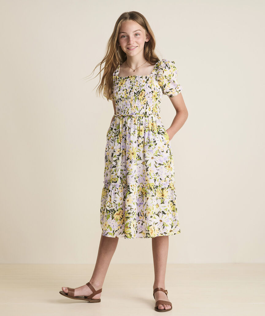 Girls' Smocked-Waist Midi Dress