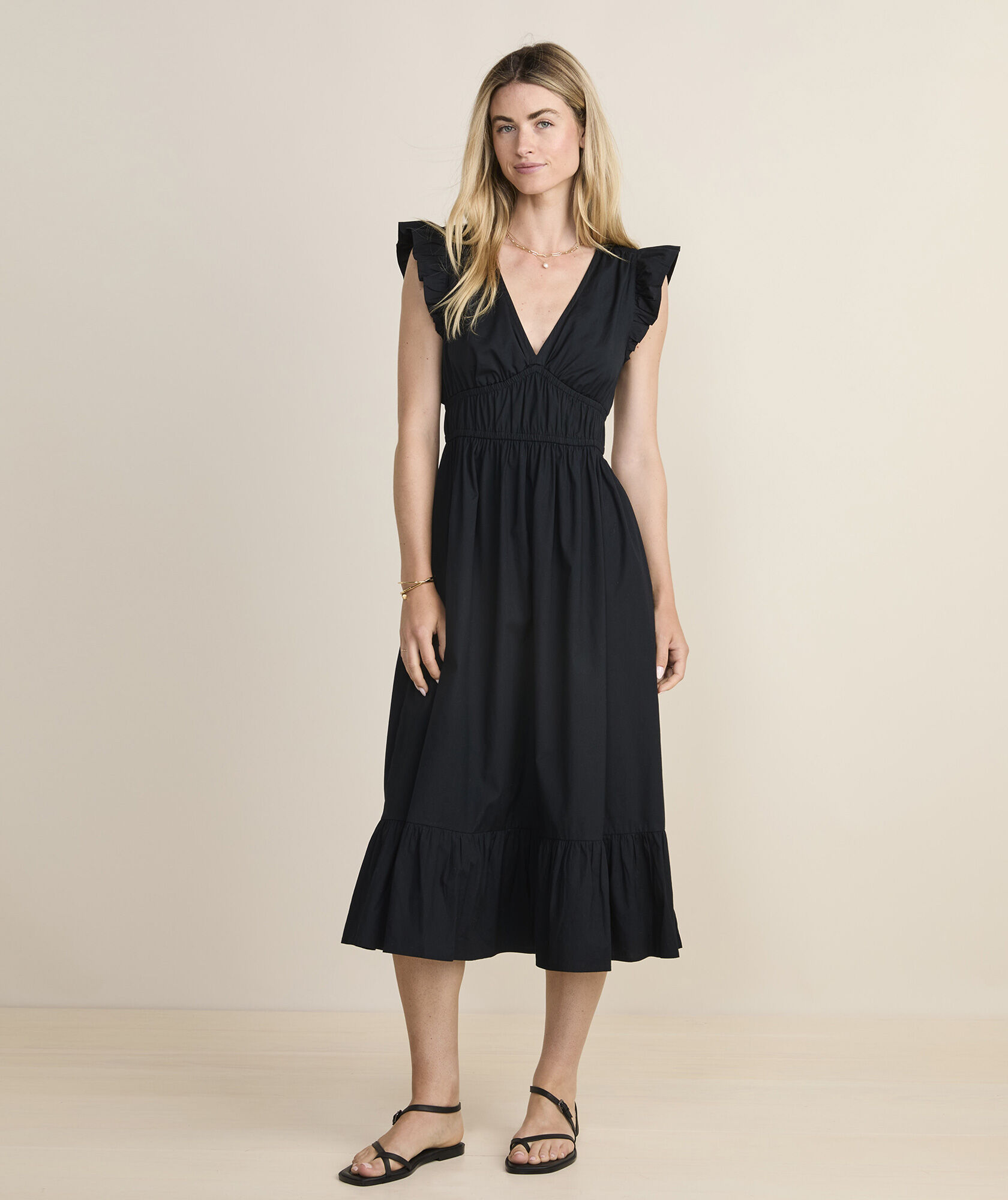 Marina Poplin Flutter-Sleeve Midi Dress