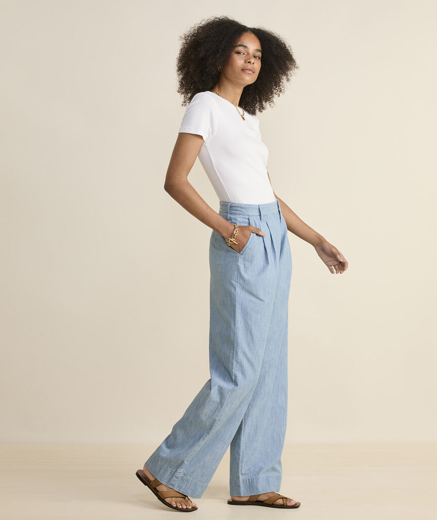 Chambray Pleated Wide Leg Trouser