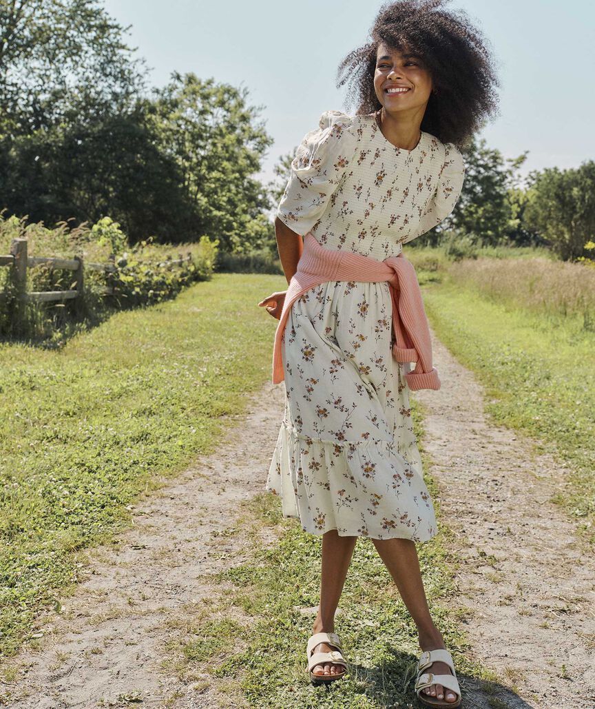 Smocked Puff-Sleeve Midi Dress