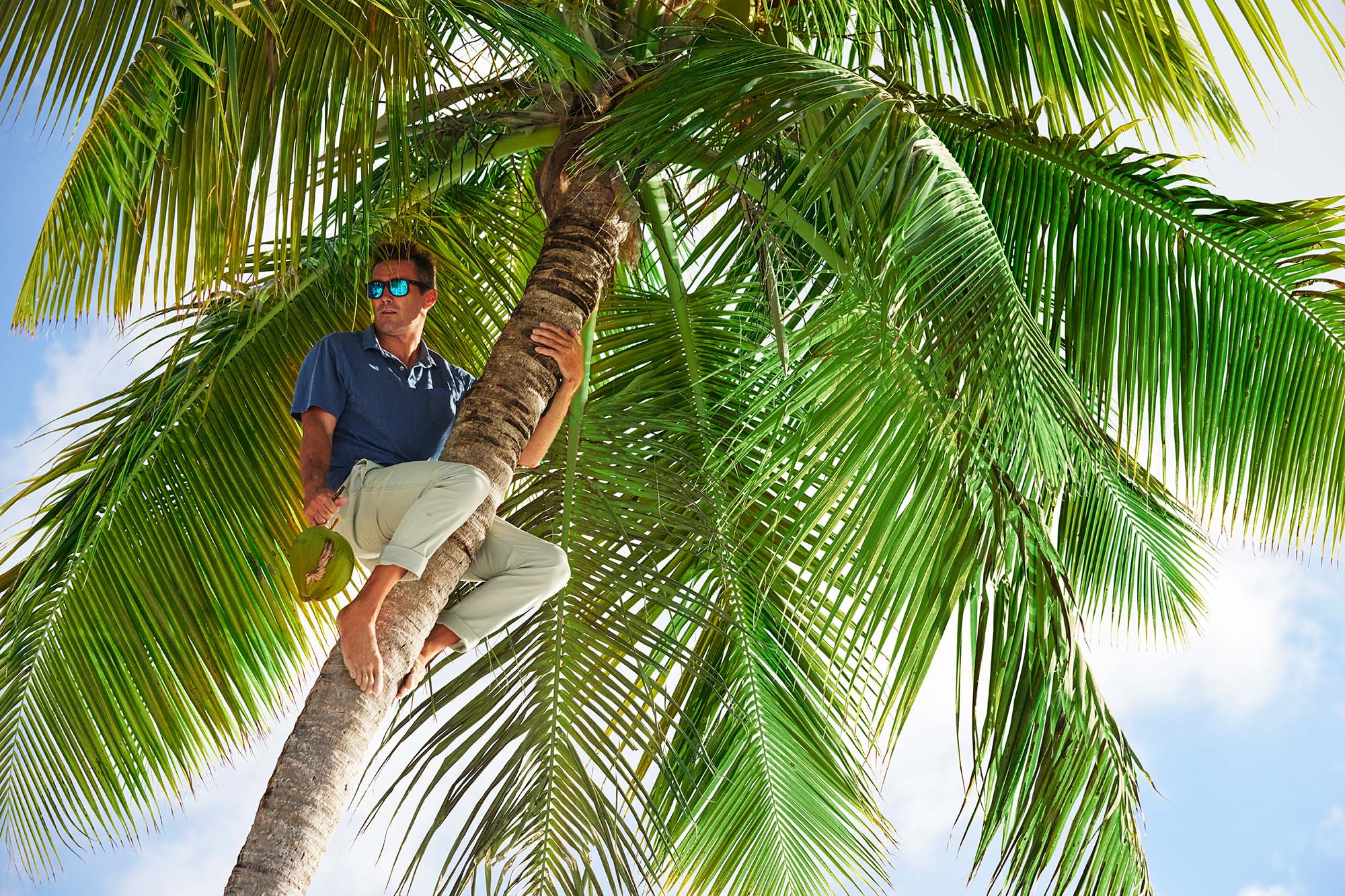 Tom Pinhold climbing tree for coconut