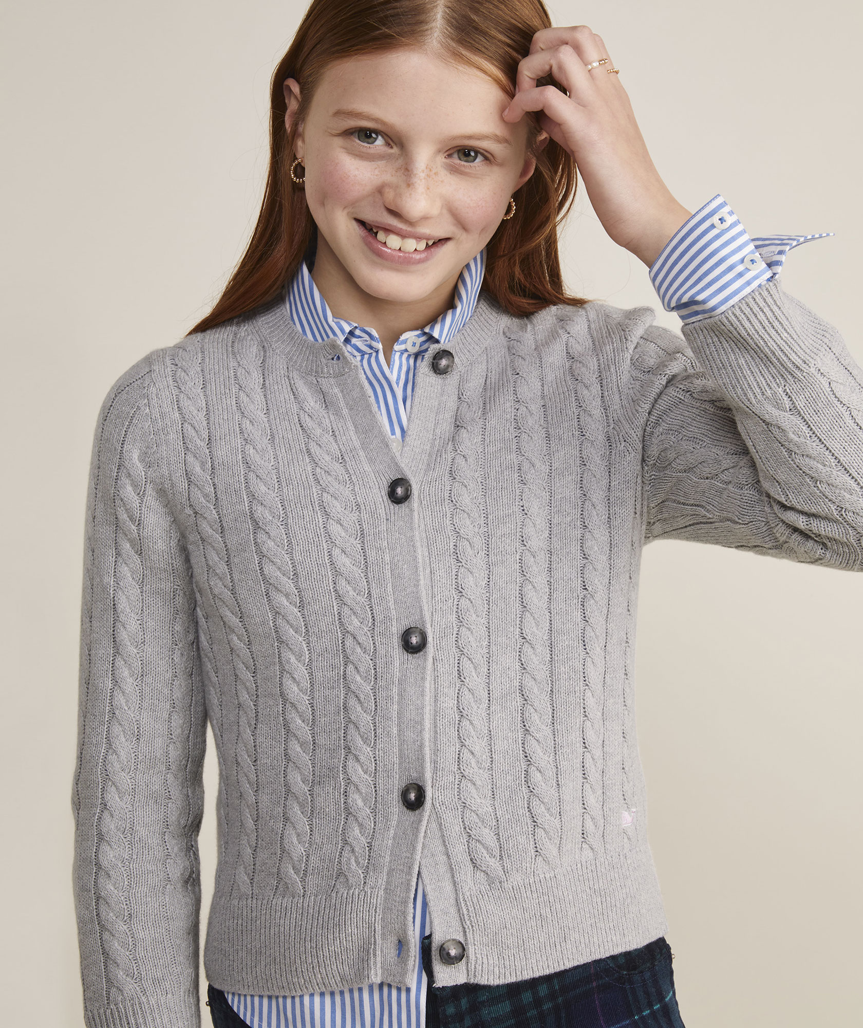 Girls Classic Cable Cardigan Light Gray Heather
