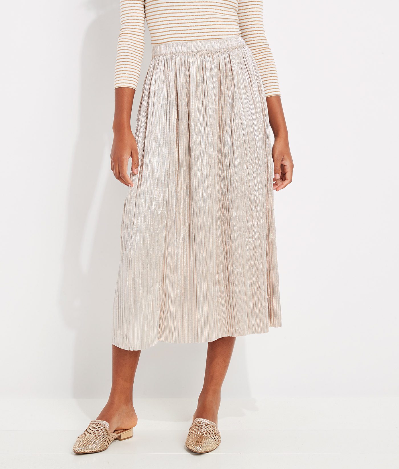gold pleated skirt knee length